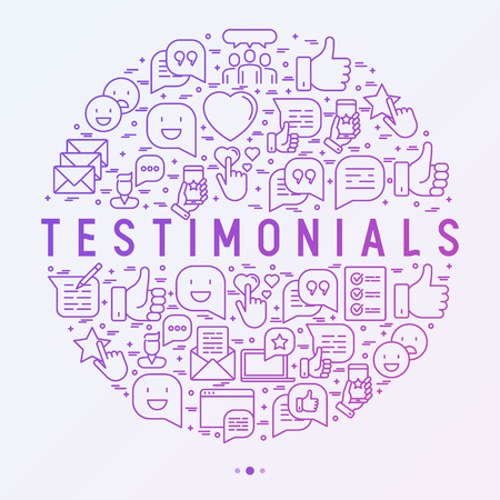 Testimonials and quote concept with thin line icons of review, feedback, survey, comment. Vector illustration for banner, web page, print media.のイラスト素材