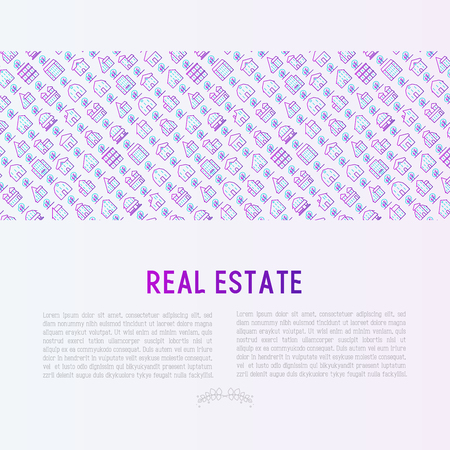Real estate concept with thin line houses and trees. Modern vector illustration for background of banner, web page, print media.のイラスト素材