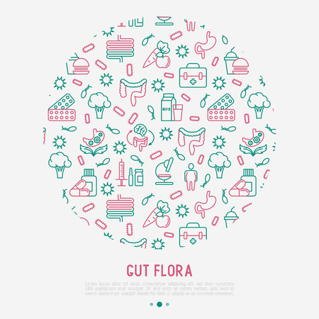 Gut flora concept in circle with thin line icons: gut, bacteria, obesity, stomach, infection, depression, medicine. Vector illustration for medical survey or report.のイラスト素材