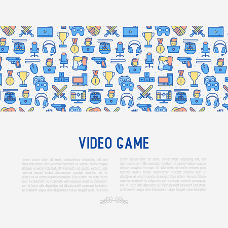 Video game concept with thin line icons: gamer, computer games, pc, headset, mouse, game controller. Modern vector illustration for banner, web page, print media.のイラスト素材