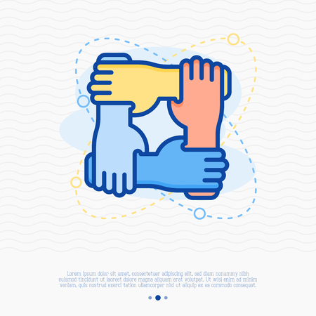 Four hands hold together for the wrist other. Symbol of team work, team play, togetherness. Thin line vector illustration.のイラスト素材