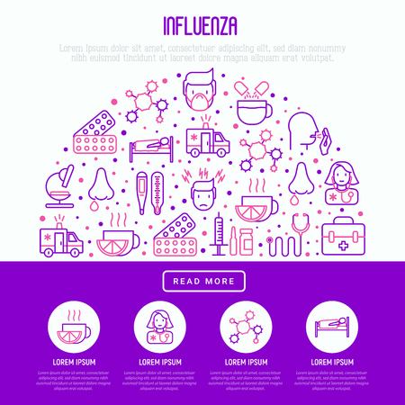 Influenza concept with thin line icons of symptoms and treatments.のイラスト素材