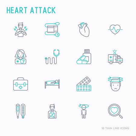 Heart attack thin line icons set of symptoms and treatments.のイラスト素材