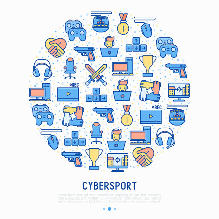 Cybersport concept in circle with thin line icons.のイラスト素材
