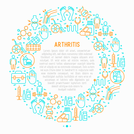 Arthritis concept in circle with thin line icons of symptoms and treatments.のイラスト素材
