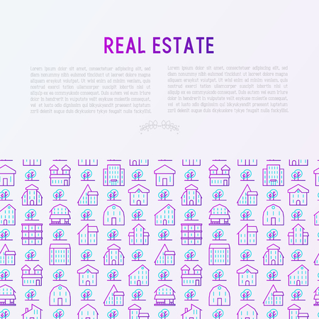 Real estate concept with thin line houses and trees. Modern vector illustration for background of banner, web page, print media.のイラスト素材