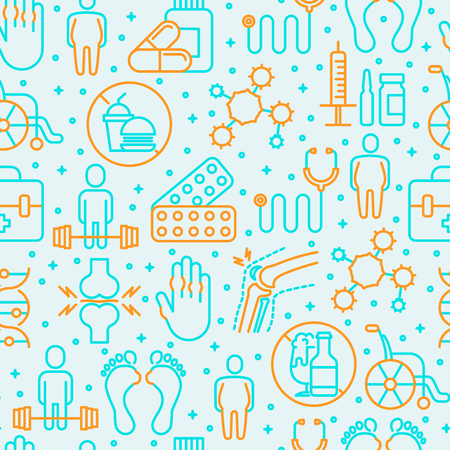 Arthritis seamless pattern with thin line icons of symptoms and treatments.のイラスト素材