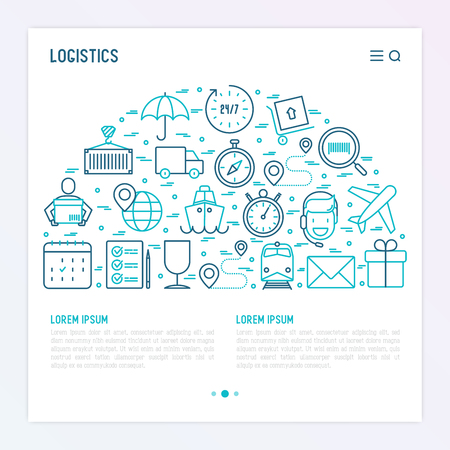 Logistics concept in half circle with thin line icons of delivery, box, airplane, train, marine, crane, globe with pointer. Vector illustration for banner, web page, print media.のイラスト素材