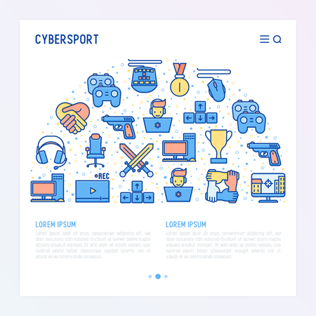 Cybersport concept in half circle with thin line icons: gamer, computer games, pc, headset, mouse, game controller. Modern vector illustration for banner, web page, print media.のイラスト素材