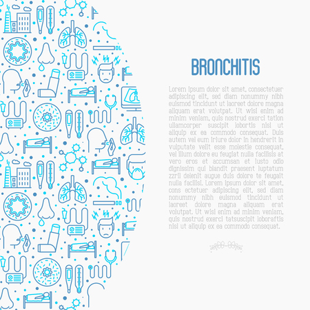 Bronchitis concept with thin line icons of symptoms and treatments: headache, alveolus, inhaler, nebulizer, stethoscope, thermometer, x-ray, bed rest. Vector illustration.のイラスト素材