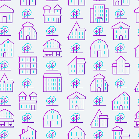 Real estate seamless pattern with thin line houses and trees. Modern vector illustration for background of banner, web page, print media.のイラスト素材