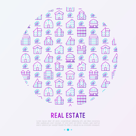 Real estate concept in circle with thin line houses and trees. Modern vector illustration for background of banner, web page, print media.のイラスト素材