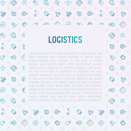 Logistics concept with thin line icons of delivery, box, airplane, train, marine, crane, globe with pointer. Vector illustration for banner, web page, print media.のイラスト素材