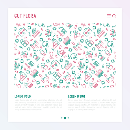 Gut flora concept with thin line icons: gut, bacteria, obesity, stomach, infection, depression, medicine. Vector illustration for background of medical survey or report.のイラスト素材