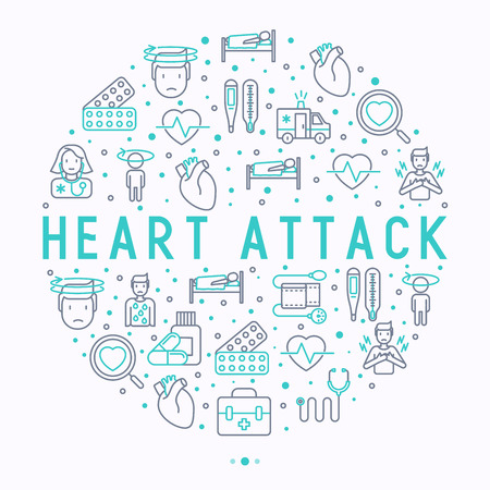 Heart attack concept in circle with thin line icons of symptoms and treatments. Modern vector illustration for medical report or survey, banner, web page, print media.のイラスト素材