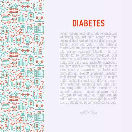 Diabetes concept with thin line icons of symptoms and prevention care. Vector illustration for background of medical survey or report, for banner, web page, print media. のイラスト素材