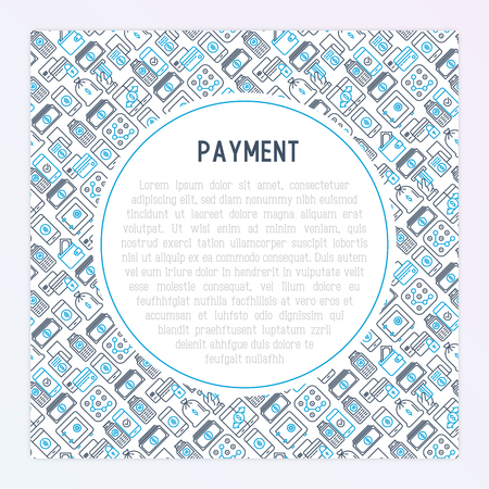 Payment concept with thin line icons related to credit card, money flow, saving, atm, mobile payment. Vector illustration of banner, web page, print media.のイラスト素材