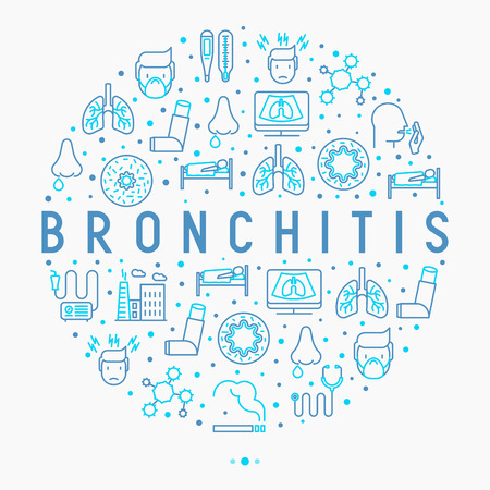 Bronchitis concept in circle with thin line icons of symptoms and treatments: headache, alveolus, inhaler, nebulizer, stethoscope, thermometer, x-ray, bed rest. Vector illustration.のイラスト素材