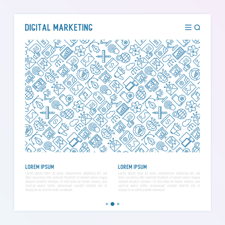 Digital marketing concept with thin line icons: searching idea, development, optimization, management, communication. Vector illustration for banner, web page, print media.のイラスト素材