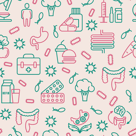 Gut flora seamless pattern with thin line icons. Vector illustration for medical survey or report.のイラスト素材
