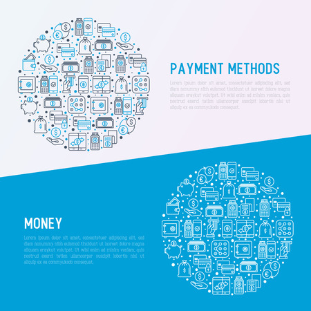 Payment concept in circle with thin line icons related to credit card, money flow, saving, atm, mobile payment. Vector illustration of banner, web page, print media.のイラスト素材