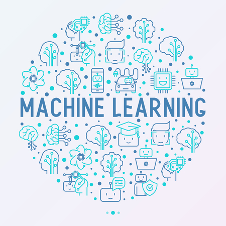 Machine learning and artificial intelligence concept in circle with thin line icons. Vector illustration for banner, web page, print media.のイラスト素材