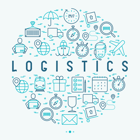 Logistics concept in circle with thin line icons of delivery, box, airplane, train, marine, crane, globe with pointer. Vector illustration for banner, web page, print media.のイラスト素材