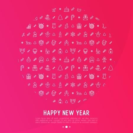 Christmas celebration concept in circle with thin line New Year and Christmas symbols. Vector illustration for web page template, banner, invitation, print media.のイラスト素材