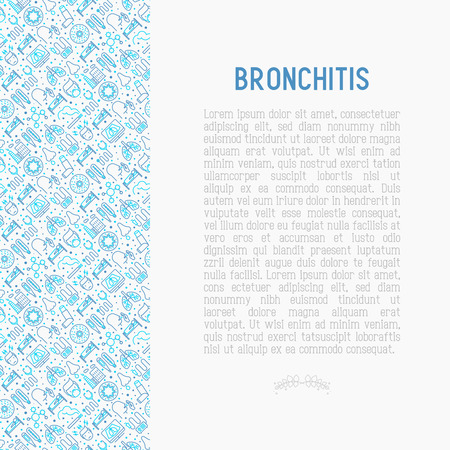 Bronchitis concept with thin line icons of symptoms and treatments: headache, alveolus, inhaler, nebulizer, stethoscope, thermometer, x-ray, bed rest. Vector illustration.のイラスト素材