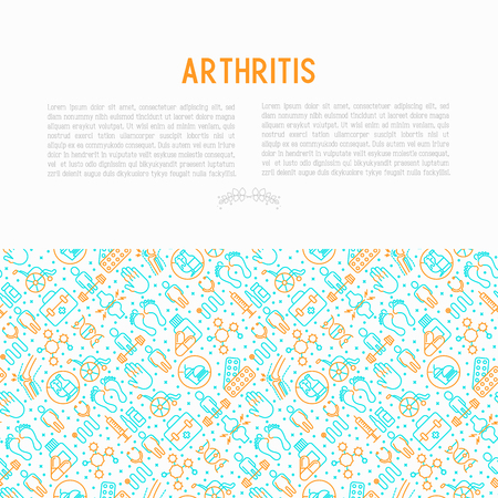 Arthritis concept with thin line icons of symptoms and treatments: pain in joints, obesity, fast food, alcohol, medicine, wheelchair. Vector illustration for banner, web page, print media.のイラスト素材