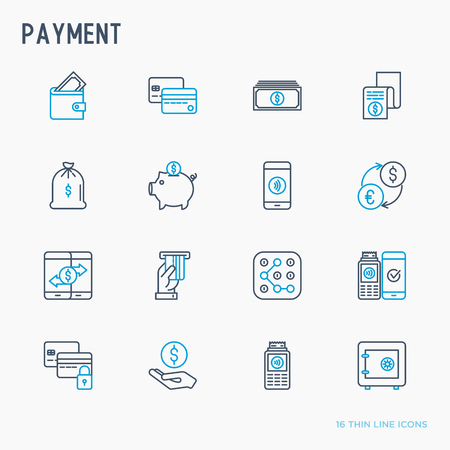 Payment thin line icons set: credit card, money flow, saving, atm, mobile payment. Vector illustration.のイラスト素材