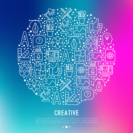Creative concept in circle with thin line icons of idea, puzzle, color palette, brushes, creative vision, development design. Vector illustration of banner, web page, print media.のイラスト素材