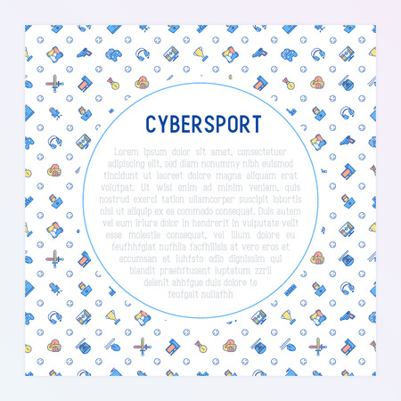 Cybersport concept with thin line icons: gamer, computer games, pc, headset, mouse, game controller. Modern vector illustration for banner, web page, print media.のイラスト素材