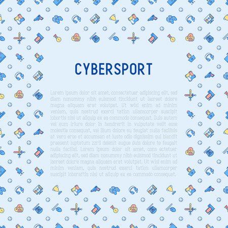 Cybersport concept with thin line icons: gamer, computer games, pc, headset, mouse, game controller. Modern vector illustration for banner, web page, print media.のイラスト素材