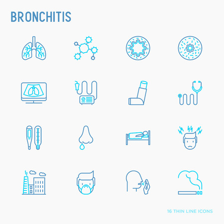 Bronchitis thin line icons set of symptoms and treatments: headache, alveolus, inhaler, nebulizer, stethoscope, thermometer, x-ray, bed rest. Vector illustration.のイラスト素材