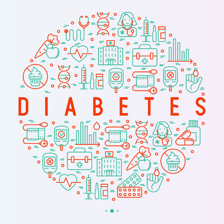 Diabetes concept in circle with thin line icons of symptoms and prevention care. Vector illustration for background of medical survey or report, for banner, web page, print media. のイラスト素材