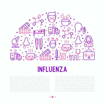 Influenza concept with thin line icons of symptoms and treatments: runny nose, headache, pain in throat, temperature, pills, medicine. Vector illustration for banner, web page, print media.のイラスト素材