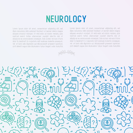 Neurology concept with thin line icons: brain, neuron, neural connections, neurologist, magnifier. Vector illustration for medical survey or report with place for text.のイラスト素材