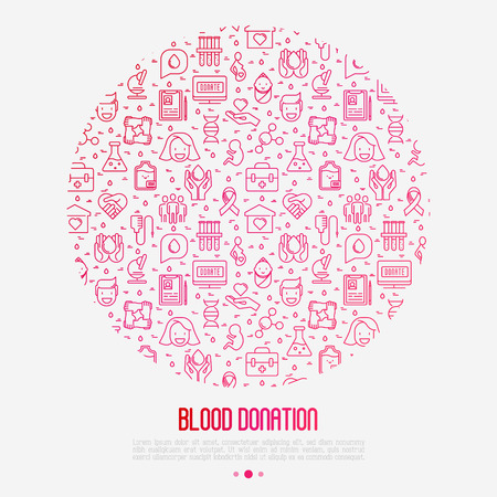 Blood donation concept in circle with thin line icons and place for text. World blood donor day. Vector illustration for web page, banner, print media.のイラスト素材