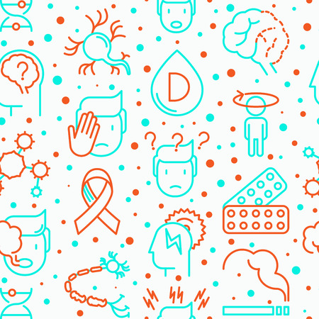 Multiple sclerosis seamless pattern with thin line icons of symptoms and treatments: disorientation, heredity, neuron myelin sheaths, vitamin D. Vector illustration for banner, web page.のイラスト素材