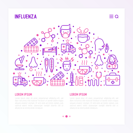 Influenza concept with thin line icons of symptoms and treatments: runny nose, headache, pain in throat, temperature, pills, medicine. Vector illustration for banner, web page, print media.のイラスト素材