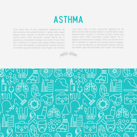 World asthma day concept with thin line icons: air pollution, smoking, respirator, therapist, inhaler, bronchi, allergy symptoms and allergens. Vector illustration for banner, web page.のイラスト素材