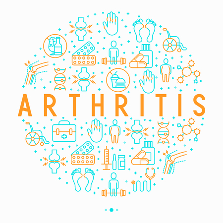 Arthritis concept in circle with thin line icons of symptoms and treatments: pain in joints, obesity, fast food, alcohol, medicine, wheelchair. Vector illustration for banner, web page, print media.のイラスト素材