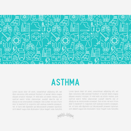 World asthma day concept with thin line icons: air pollution, smoking, respirator, therapist, inhaler, bronchi, allergy symptoms and allergens. Vector illustration for banner, web page.のイラスト素材