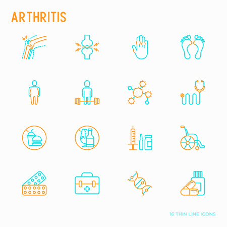 Arthritis thin line icons set of symptoms and treatments: pain in joints, obesity, fast food, alcohol, medicine, wheelchair. Vector illustration.のイラスト素材