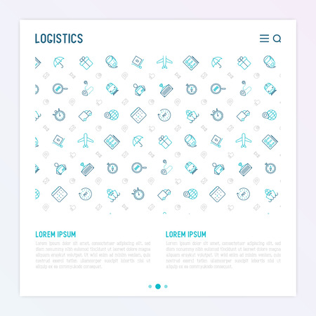 Logistics concept with thin line icons of delivery, box, airplane, train, marine, crane, globe with pointer. Vector illustration for banner, web page, print media.のイラスト素材