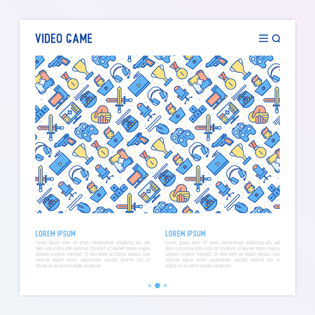 Video game concept with thin line icons: gamer, computer games, pc, headset, mouse, game controller. Modern vector illustration for banner, web page, print media.のイラスト素材