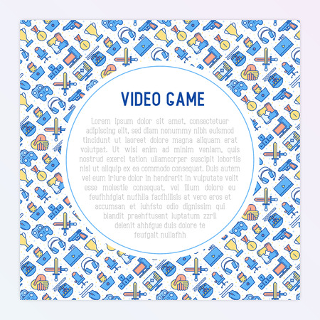 Video game concept with thin line icons: gamer, computer games, pc, headset, mouse, game controller. Modern vector illustration for banner, web page, print media.のイラスト素材