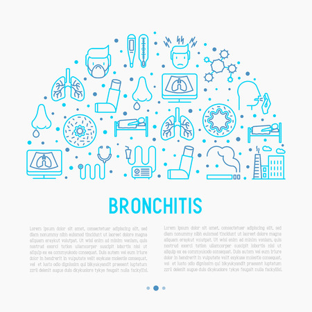 Bronchitis concept with thin line icons of symptoms and treatments: headache, alveolus, inhaler, nebulizer, stethoscope, thermometer, x-ray, bed rest. Vector illustration for banner, print media.のイラスト素材