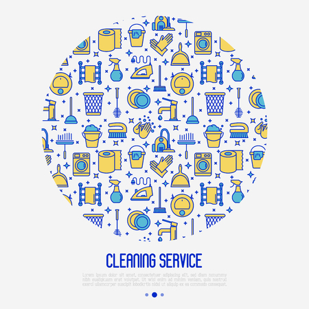 Cleaning service concept in circle with thin line icons: iron, washer, robot vacuum cleaner, brushes and other accessories for household. Vector illustration for banner, web page, print media.のイラスト素材